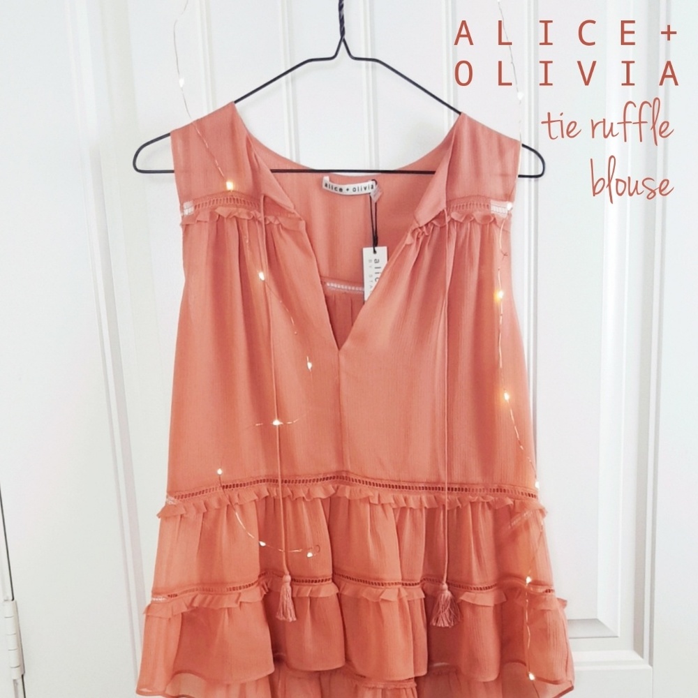 NWT Alice + Olivia Tie Ruffle Blouse in Salmon
